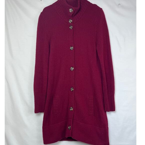 Lands' End Women's Med Red Lamb's Wool Blend Button Front Long Cardigan - Picture 1 of 9
